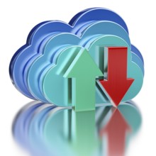 Remote database cloud computing technology storage upload download concept, 3 metal glossy cloud