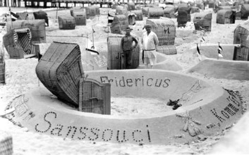 Mother and son, beach chairs, sand castle "Sanssouci", summer holidays, holiday, joie de vivre,