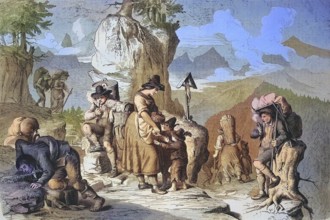 Goods carriers taking a break, on the way on an alpine pass in Tyrol in 1869, Austria, Historic,