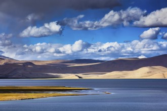 Himalayan mountain lake Tso Moriri on sunset, Ladakh