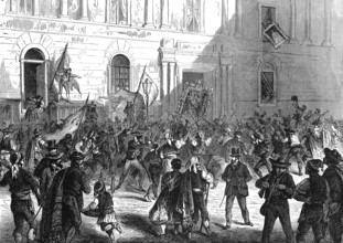 Popular demonstration in front of the Ministry of Public Works, Madrid, 1869, Spain, Historic,