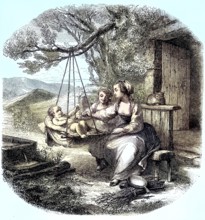 Baby in a cradle on a branch, mother and daughter sitting on a bench rocking the infant, c. 1880,