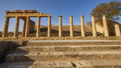 Acropolis of Lindos, morning light, Propylaea with open staircase, Lindos, Rhodes, Dodecanese,