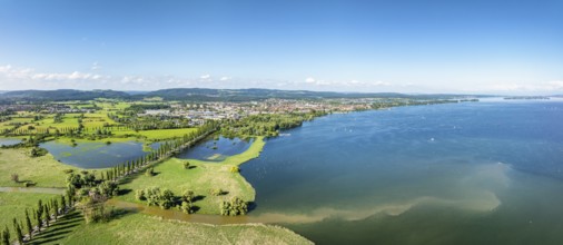 Aerial view, panorama of western Lake Constance with the Radolfzell Aach estuary and the Mooser dam