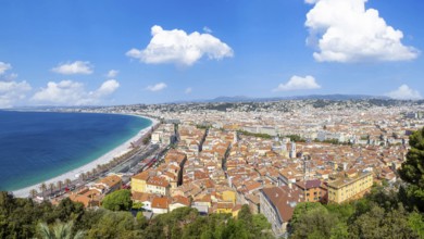 France, panoramic skyline of old historic Nice center and azure beaches along Promenade des
