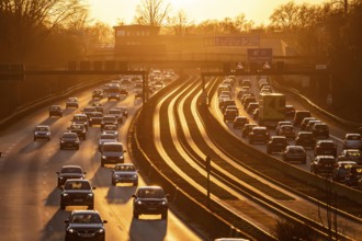 Motorway A40, dense, slow-moving traffic jam, evening traffic at the Essen-Kray junction, low sun,