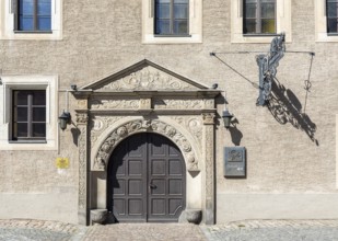 Entrance portal of the historic Renaissance town house from 1530, the last post office, Zwickau,