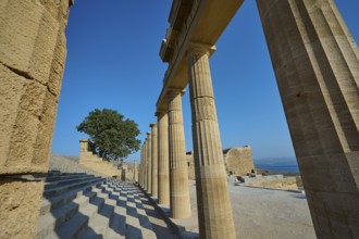 Super wide angle shot, Acropolis of Lindos, morning light, Propylaea with staircase, Lindos,
