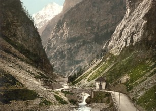 The Simplon Pass in the Gondo Gorge, a deep gorge through which the Diveria flows between the