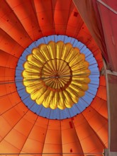 Hot air balloon inside view to the top middle, top opens to release warm air before landing. Hot