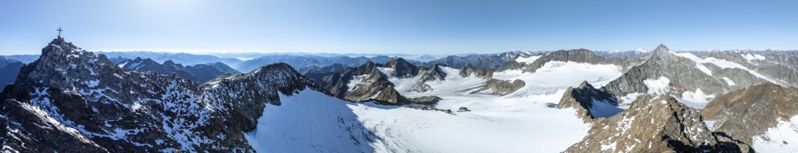 Panorama at the summit of the Wilder Freiger with summit cross and with glacier Übeltalferner and