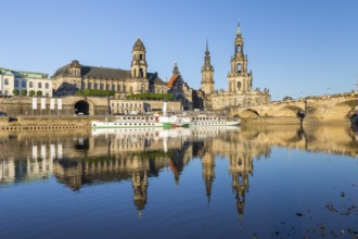 City view with paddle steamer and reflection in the Elbe, Ständehaus, Georgentor, Hausmannsturm,