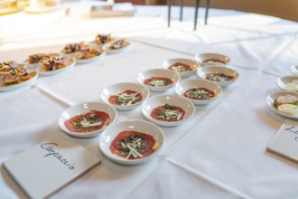 Appetiser plate with carpaccio, decorated with herbs and cheese, Europäischer Hof, Königsbach,