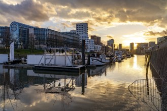 Gehry buildings - Neuer Zollhof at the Media Harbour in Düsseldorf at sunset, North