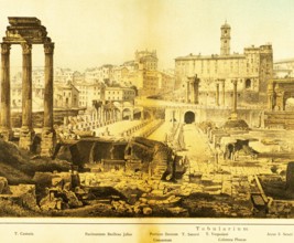 View of ancient Rome from the Roman Forum, ruins, cityscape, columns, houses on the hillside,