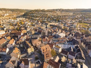 Panoramic view of a town with diverse architecture and a river, Nagold, Black Forest, Germany,