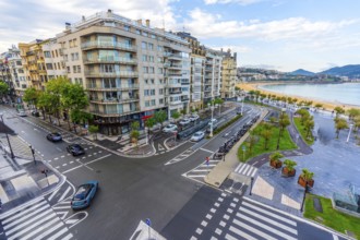 Aerial view of the avenue and the beach of La Concha without people in Donostia San Sebastian,