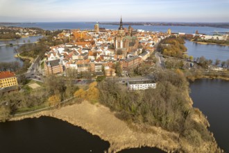 City view of Stralsund with St Mary's Church seen from the air, Mecklenburg-Vorpommern, Germany,