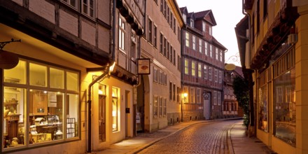 Half-timbered houses in a narrow street with cobblestones, Old Town in the evening, World Heritage