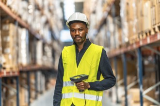 Frontal portrait of an african man using scan to do inventory in a warehouse