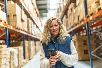 Frontal view of a caucasian blonde woman scanning packages in a distribution warehouse
