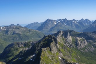 Mountain landscape, view of mountain peaks at the summit of Rundfjellet, Svolvaer, Nordland,