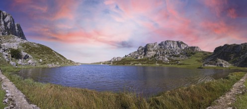 Panoramic of the beautiful lake of Covadonga in Asturias, a beautiful spring sunset, Picos de