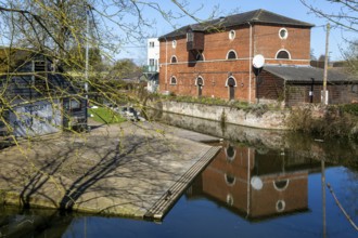 Quay House theatre red brick former granary building, River Stour navigation, Sudbury, Suffolk,