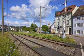 Railway tracks with overhead line and barrier near Gengenbach, Black Forest, Ortenaukreis,