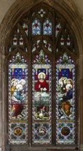 Stained glass window of Jesus Christ and Last Supper, church of Saint Peter, Sudbury, Suffolk,