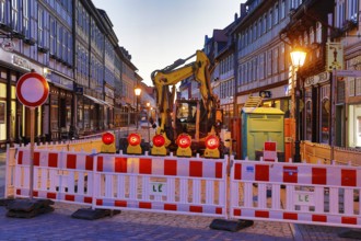 Construction site in the pedestrian zone in the early morning, Old Town, Wernigerode, Harz,