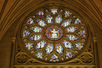 Round or rose stained glass window 1877 by Hardman, Bristol cathedral church, Bristol, England, UK