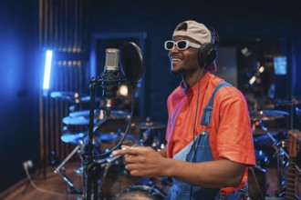 Young, stylish male singer enjoying the creative process of recording a new hit album in a