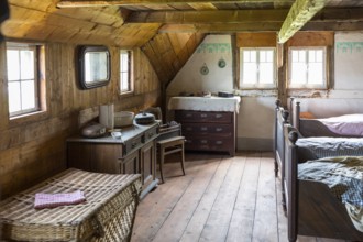 View of the bedroom under the roof, Seiffen Open-Air Museum, Erzgebirge, Saxony, Germany, Europe
