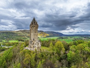The National Wallace Monument or William Wallance Monument from a drone, Stirling, Scotland,