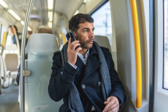 Handsome serious caucasian businessman looking through the window while talking to the mobile