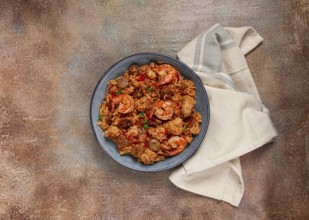 Jambalaya, Creole dish, American pilaf, rice with chicken and shrimp, vegetables, homemade, no