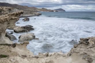 Waves on rocky coast, Playa Los Escullos, Cabo de Gata, Los Escullos, Playa del Arco, El Arco