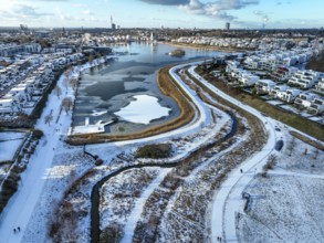 Dortmund, North Rhine-Westphalia, Germany, Phoenix Lake in winter with snow, renaturalised Emscher
