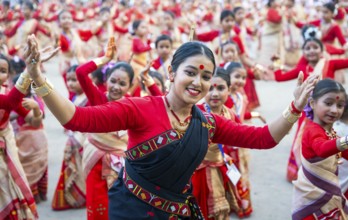 Participants with an instructor dance on the final day of a Bihu dance workshop ahead of Rongali
