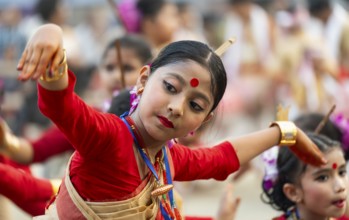 Participants dance on the final day of a Bihu dance workshop ahead of Rongali Bihu Festival, in