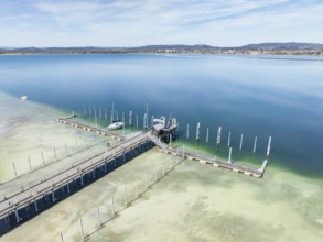 Aerial view of the Lake Constance community of Iznang on the Höri peninsula with the jetty and boat