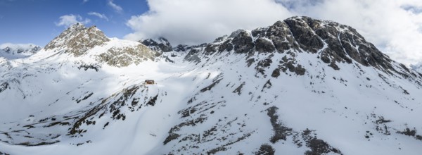 Aerial view, Piz Jenatsch and Piz Picuogl, winter in the mountains, Chamanna Jenatsch CAS, Swiss