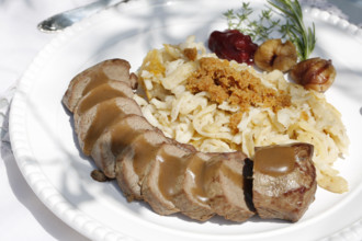 Swabian cuisine, roast venison with spaetzle, chestnuts and breadcrumbs, breadcrumbs, saddle of