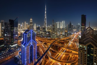 Dubai skyline at night, Burj Khalifa tallest building in the world, United Arab Emirates, Asia