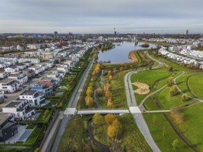 Dortmund, North Rhine-Westphalia, Germany, Phoenix Lake, front of the renaturalised Emscher. The