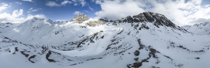 Aerial view, Piz Jenatsch and Piz Picuogl, winter in the mountains, Chamanna Jenatsch CAS, Swiss