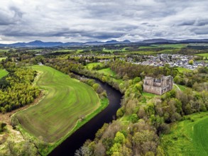 Doune Castle from a drone, Doune, Stirling, Scotland, England, United Kingdom, Europe