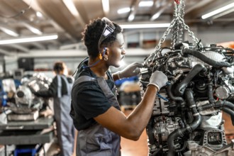 Young mechanic repairing a car engine hanging from a chain hoist, wearing safety goggles and
