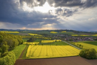 View of Tiftlingerode between blooming rape fields in rain and sunshine, Duderstadt, Lower Saxony,